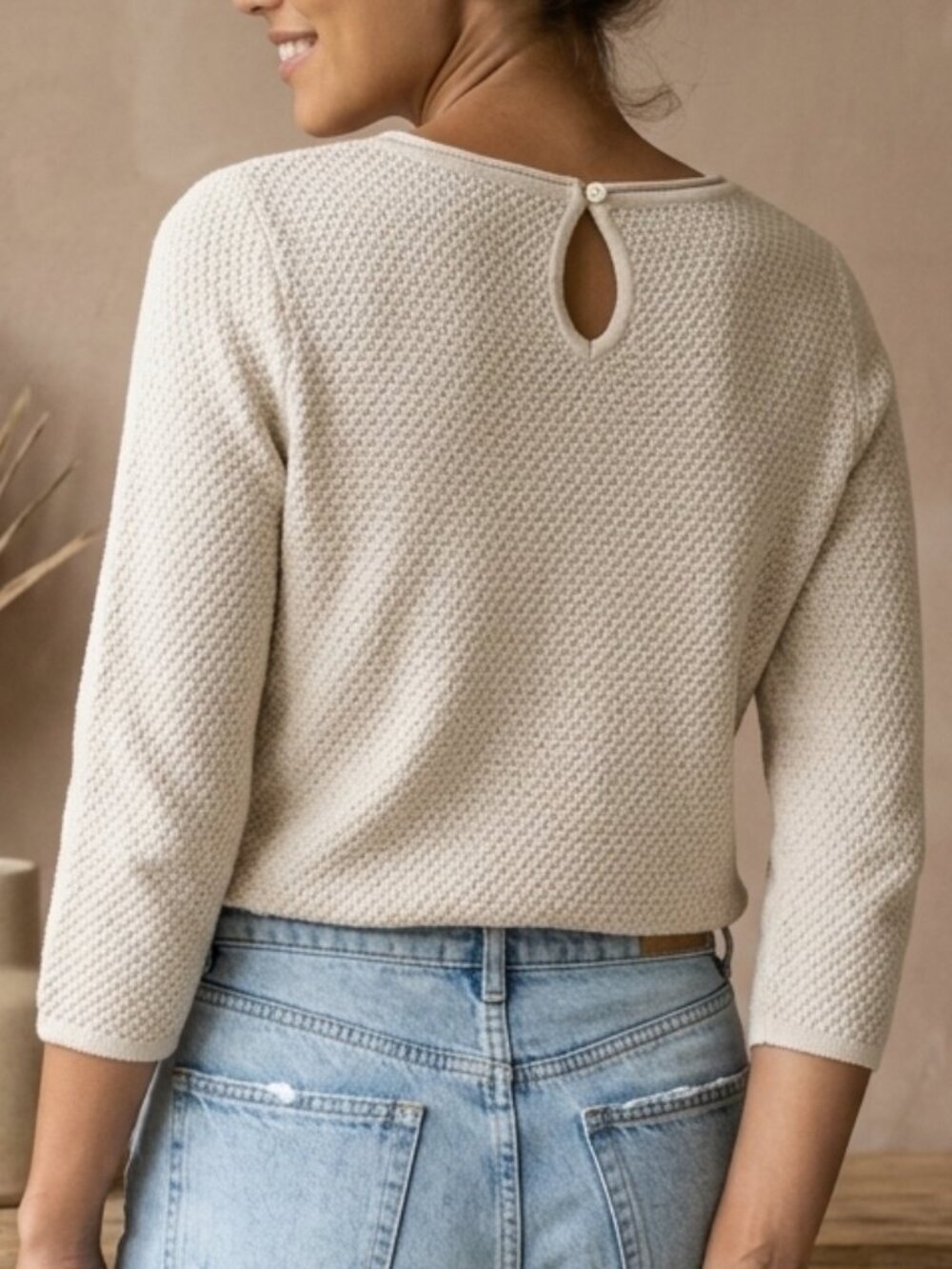 Kaffe Edel Textured Knit Sweater Cream Beige 3/4 Sleeve Keyhole Back‎ Size S